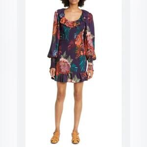 Farm Rio Flower Scarves Smocked Long Sleeve Boho Mini Dress Women's Small NWT